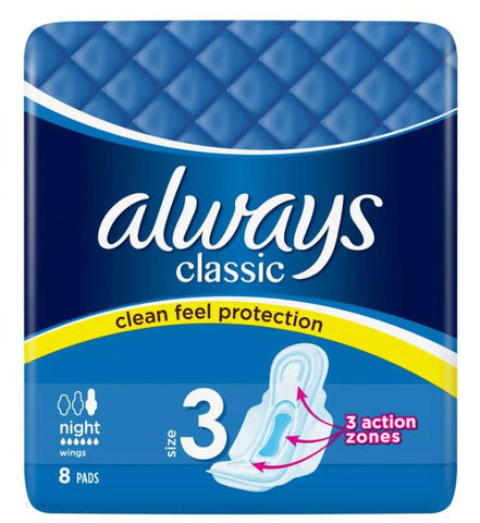 Always Women Pads -Classic Night w/Wings 8 Ct, 18/cs.