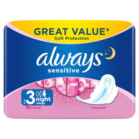 Always Women Pads -Night Senstive w/Wings 10 Ct, 10/cs.