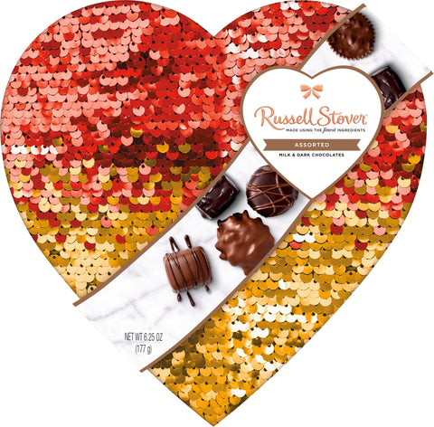 Russell Stover Assorted Chocolates Sequin Heart 6.25 Oz, 3/cs EXP: 10/1/2026