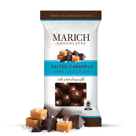 Marich Dark Chocolate Sea Salt Caramels 2.1 Oz, 12/cs. EXP: 10/31/2027
