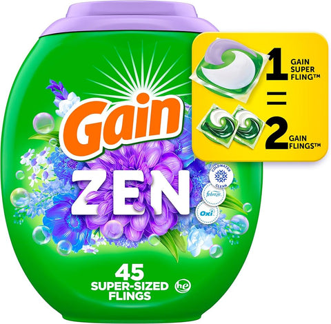 Gain Super Flings Laundry Detergent Packs- Zen 45 CT, 6/cs