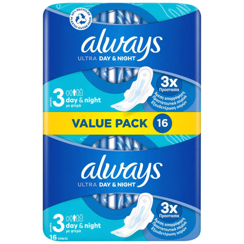 Always Women Pads -Ultra Day & Night  w/Wings 16 CT, 10/cs