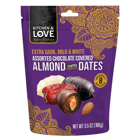 Kitchen & Love Assorted Chocolate Covered Almond Stuffed Dates 3.5 Oz, 8/cs  EXP: 10/2027