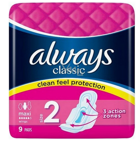 Always Women Pads -Classic Maxi w/Wings 9 Ct, 16/cs.