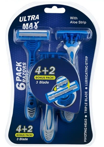 Ultra Max Razor Blue Men Triple Blade 6 Pk, 24/cs.