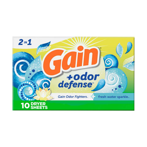 Gain Dryer Sheet -Odor Defense Fresh Water Sparkle 10 Ct, 15/cs.