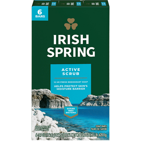 Irish Spring Bar Soap 6 pk. -Active Scrub 3.75 Oz, 12/cs.