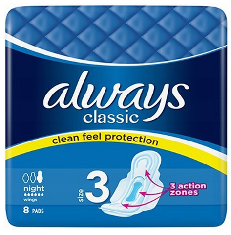 Always Women Pads Classic Night w/Wings 8 Ct, 16/cs.